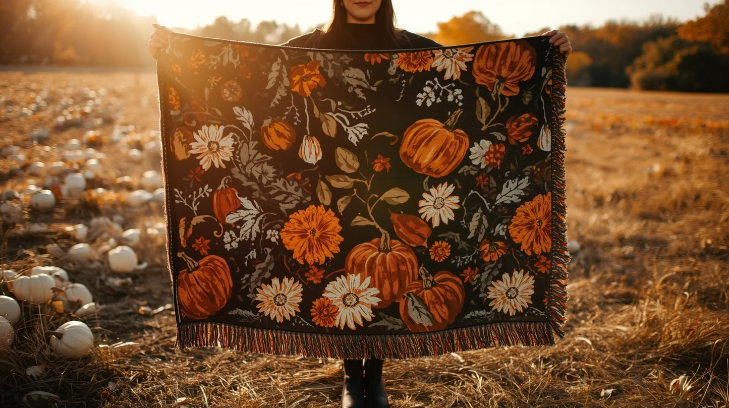 Pumpkin & Daisy Woven Throw Blanket – Fall Blanket for Couch, Black Autumn Decor with Fringe