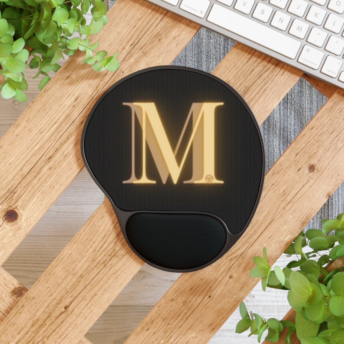 Gold Monogram "M" Mouse Pad with Wrist Rest — Elegant Office Desk Accessory