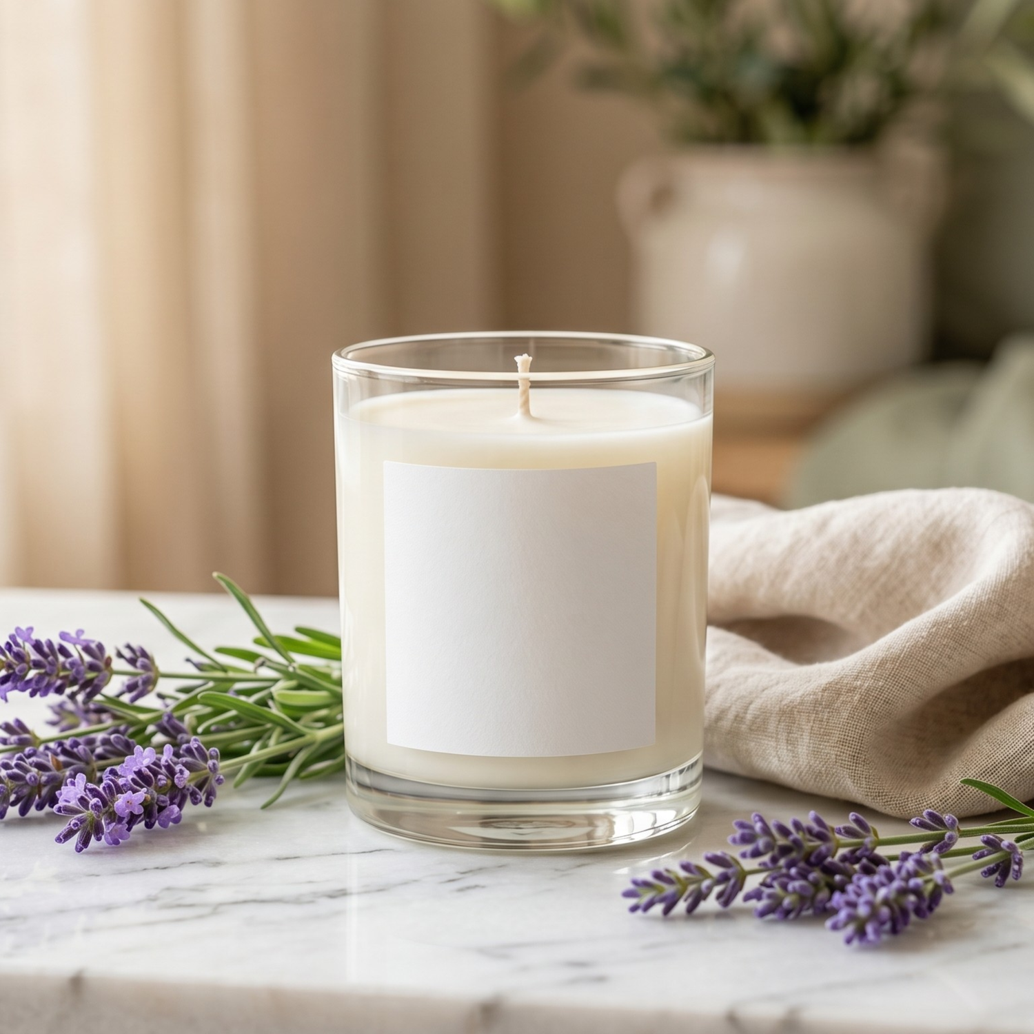 Soy candle with lavender stems on a marble surface with linen cloth
