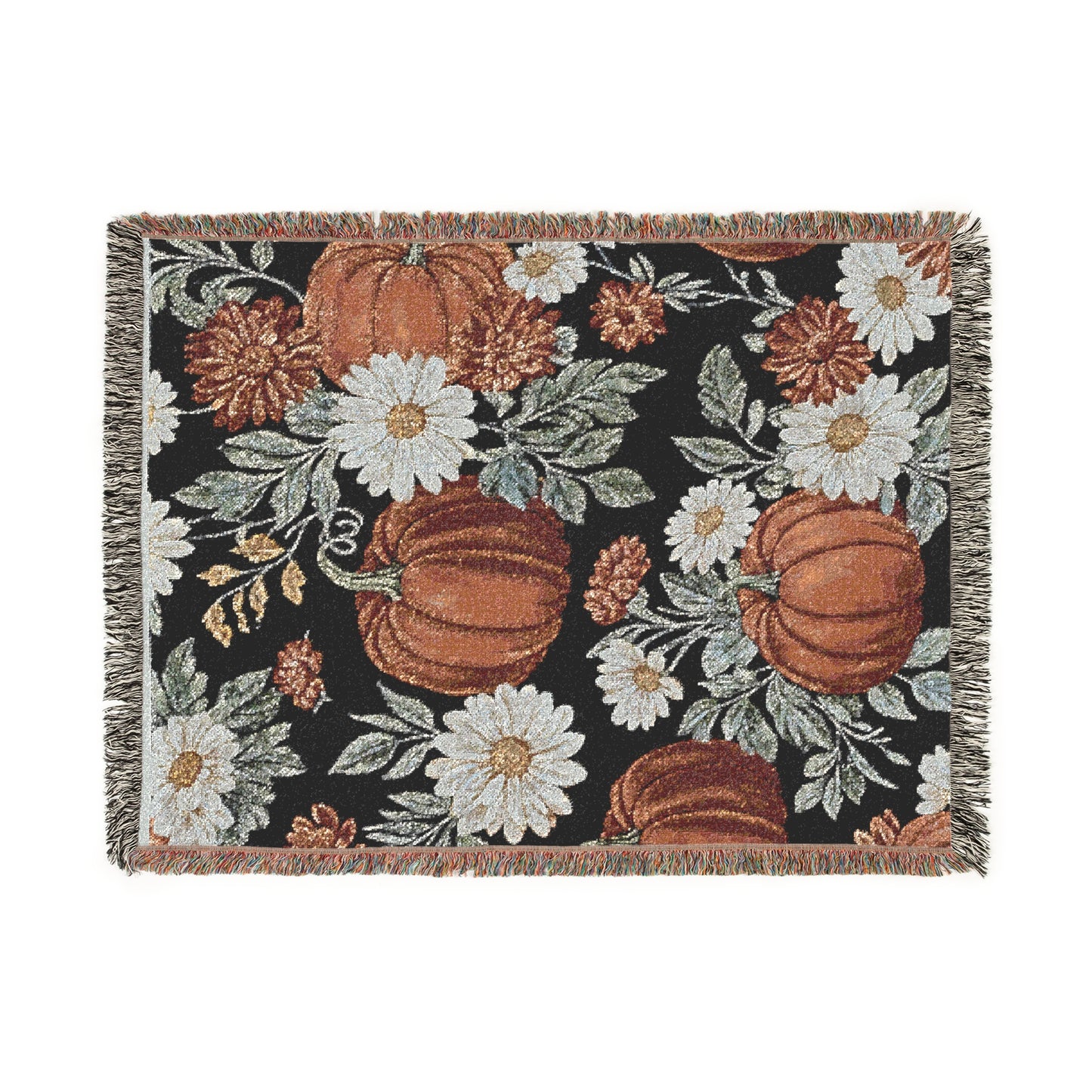 Pumpkin & Daisy Woven Throw Blanket – Fall Blanket for Couch, Black Autumn Decor with Fringe