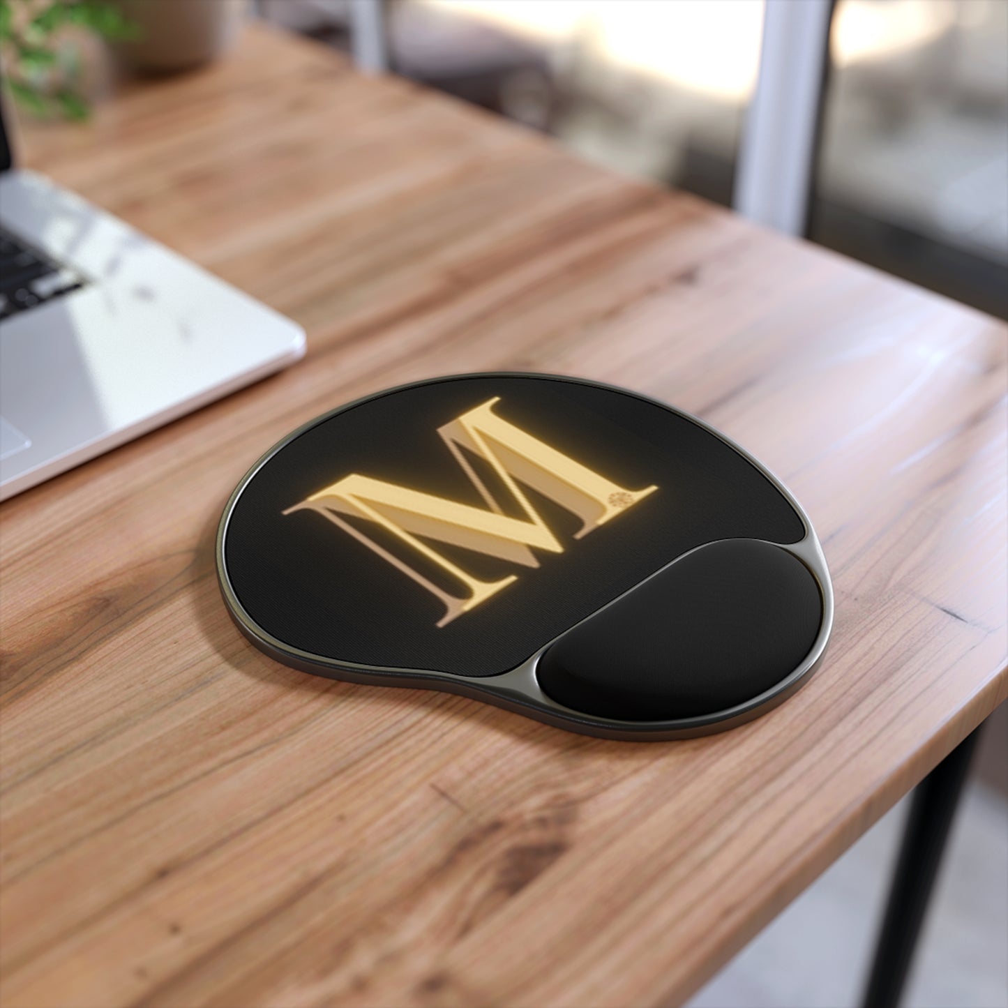 Gold Monogram "M" Mouse Pad with Wrist Rest — Elegant Office Desk Accessory