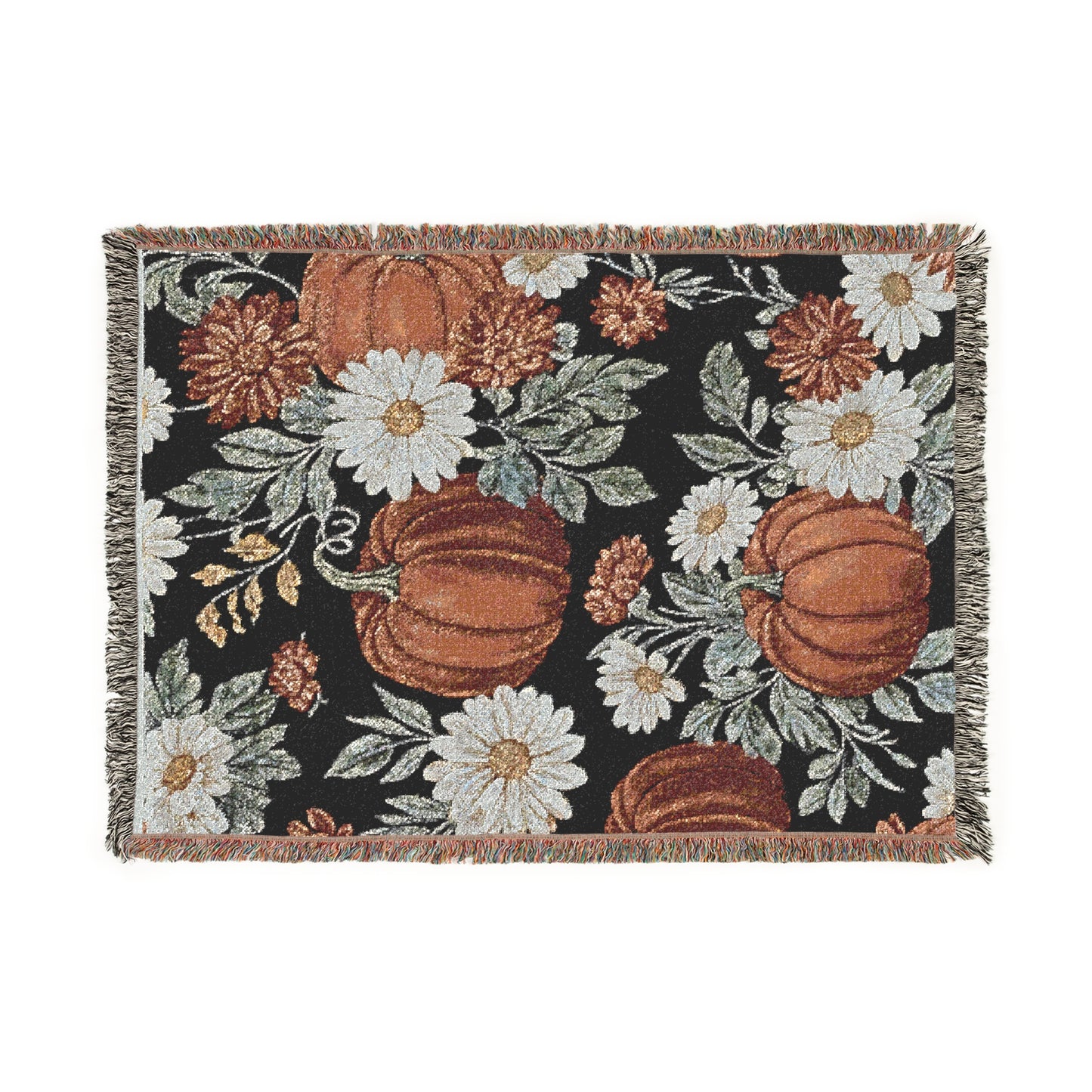 Pumpkin & Daisy Woven Throw Blanket – Fall Blanket for Couch, Black Autumn Decor with Fringe