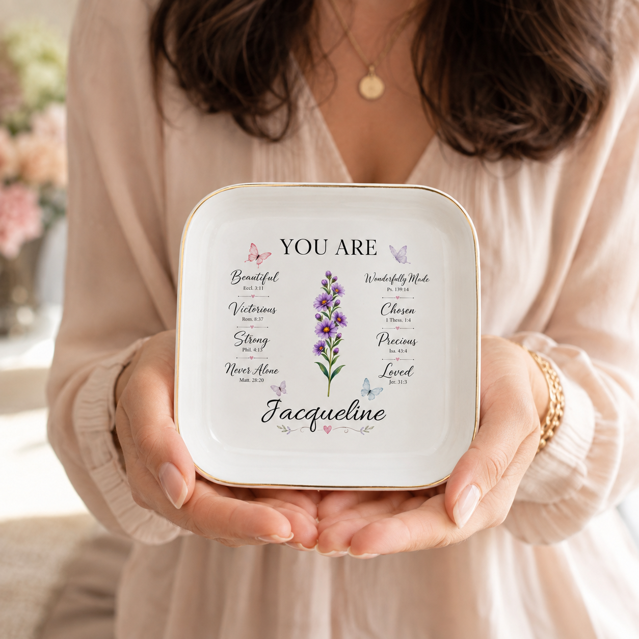 Gold-trimmed ceramic jewelry dish with personalized Bible verse design, floral artwork, and custom name