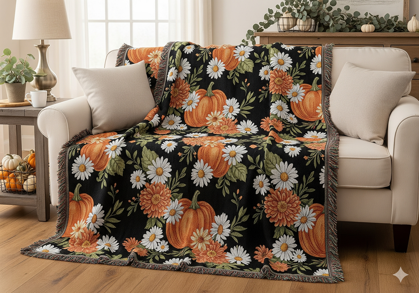 Pumpkin & Daisy Woven Throw Blanket – Fall Blanket for Couch, Black Autumn Decor with Fringe