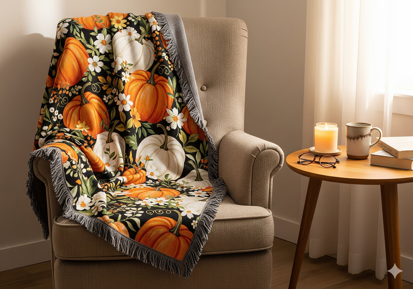 Pumpkin & Daisy Woven Throw Blanket – Fall Blanket for Couch, Black Autumn Decor with Fringe