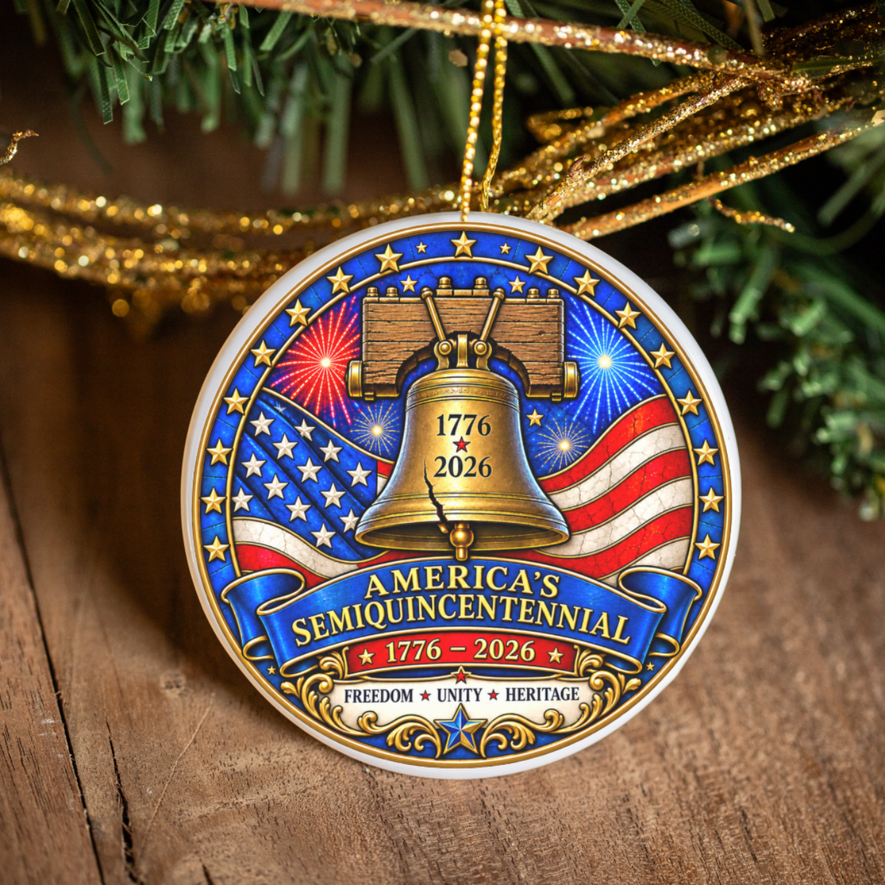 3 Inch White Ceramic Ornament - America's Semiquincentennial