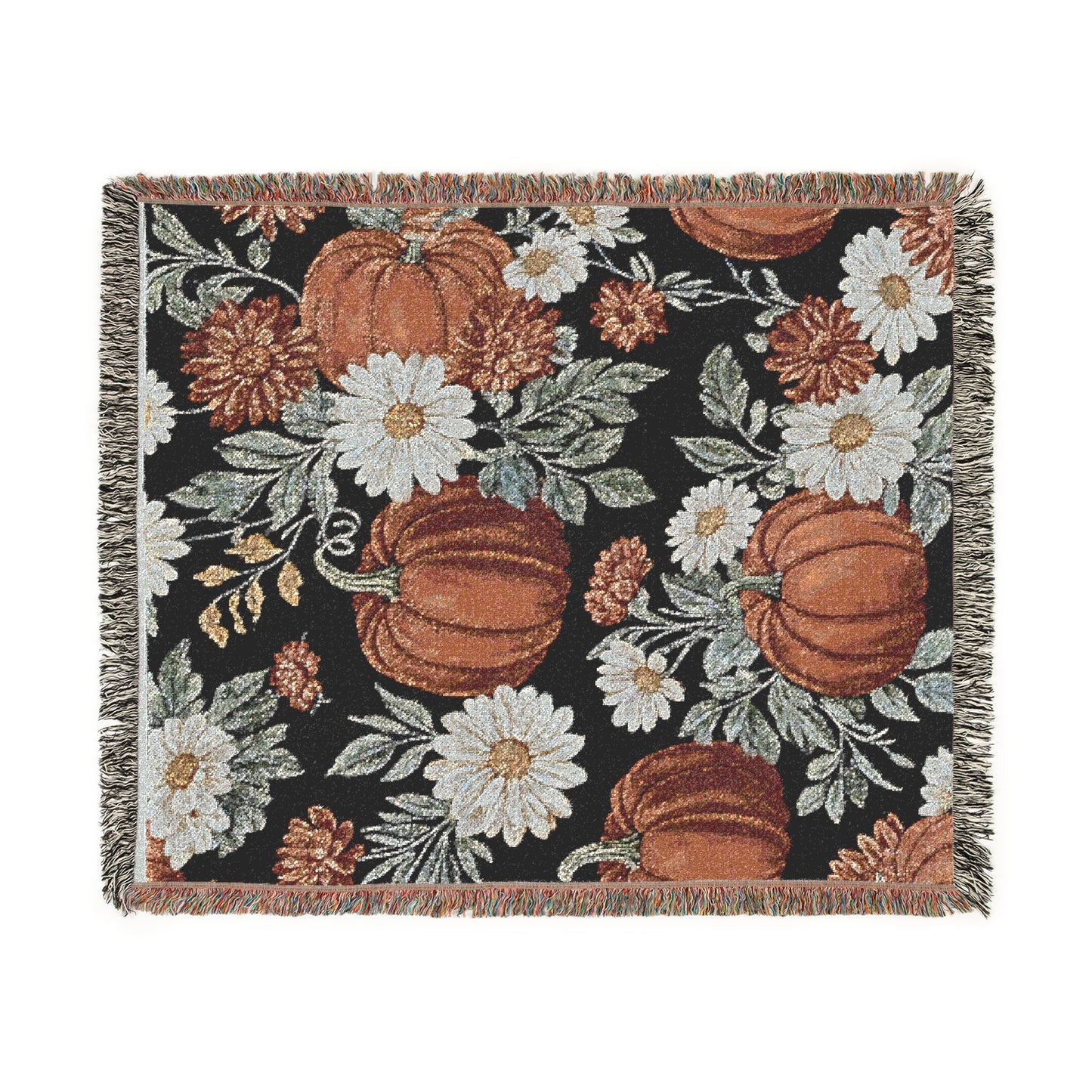 Pumpkin & Daisy Woven Throw Blanket – Fall Blanket for Couch, Black Autumn Decor with Fringe