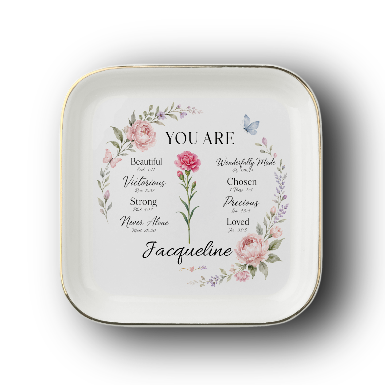 Faith gift for her featuring a personalized Bible verse jewelry dish with birth flower