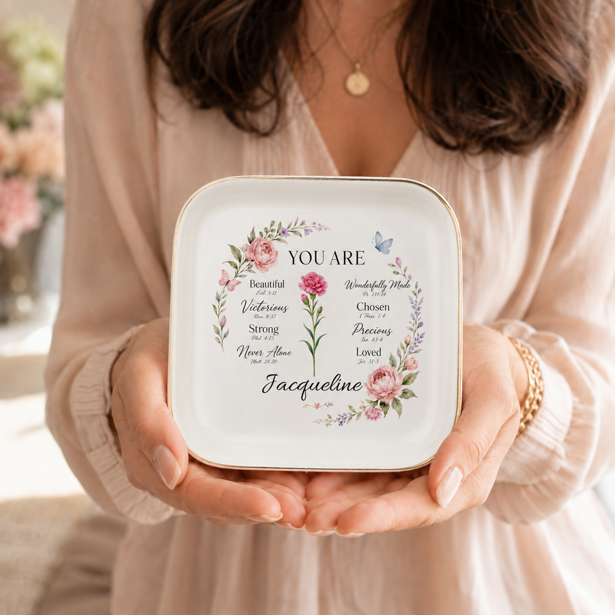 Gold-trimmed ceramic jewelry dish with personalized floral Bible verse design and custom name