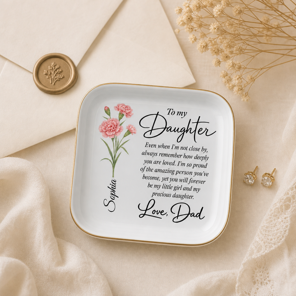 Personalized To My Daughter jewelry dish lifestyle image with pink birth flower and Sophia personalization