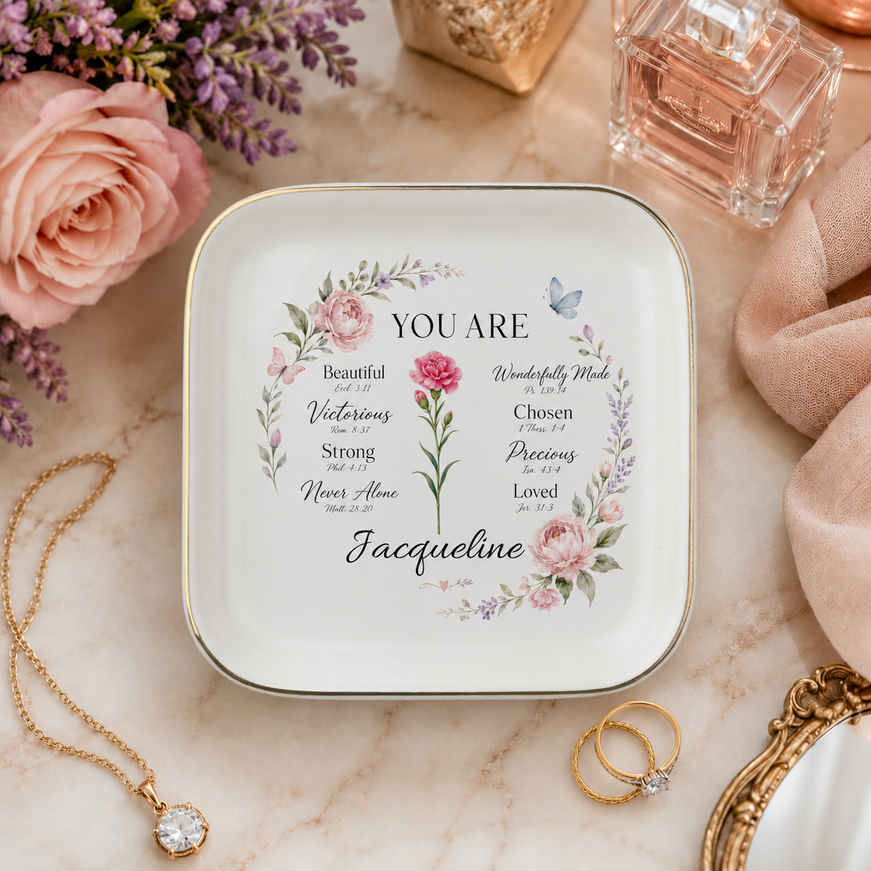 Personalized Christian trinket dish for holding rings, earrings, bracelets, and small keepsakes