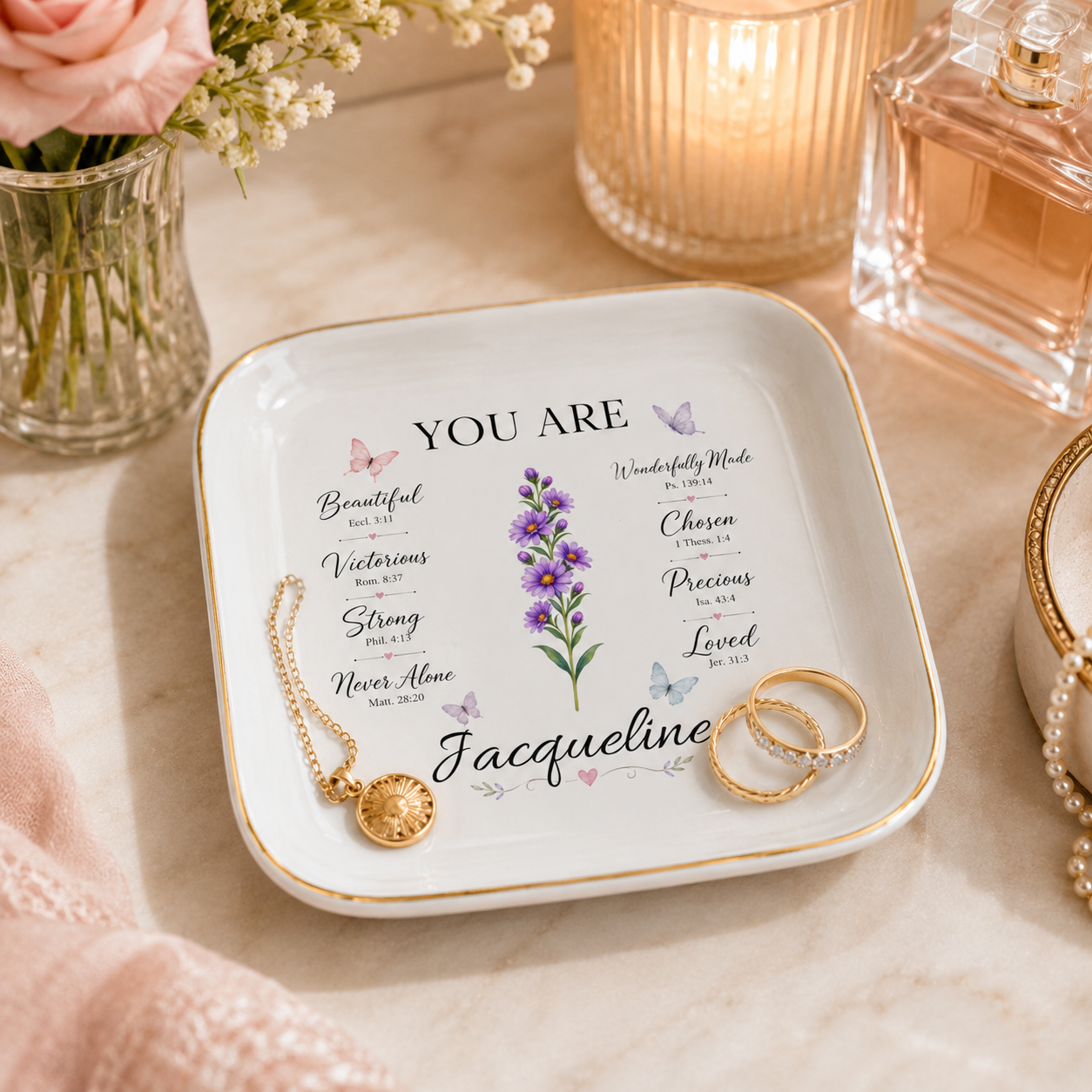 Personalized Christian trinket dish for holding rings, earrings, bracelets, and small keepsakes
