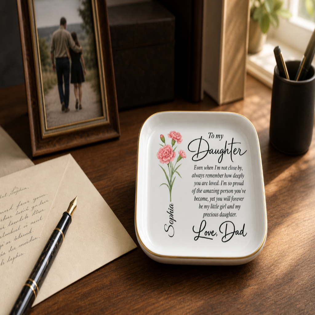 Dad-specific personalized jewelry dish displayed on a father’s desk with a handwritten envelope and fountain pen