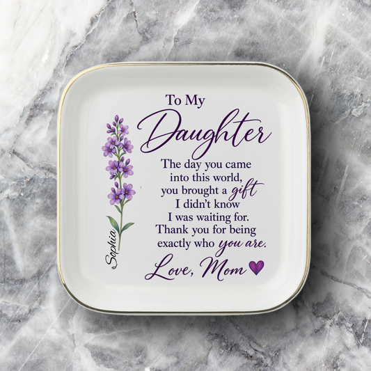 Personalized birth flower jewelry dish for daughter with custom name