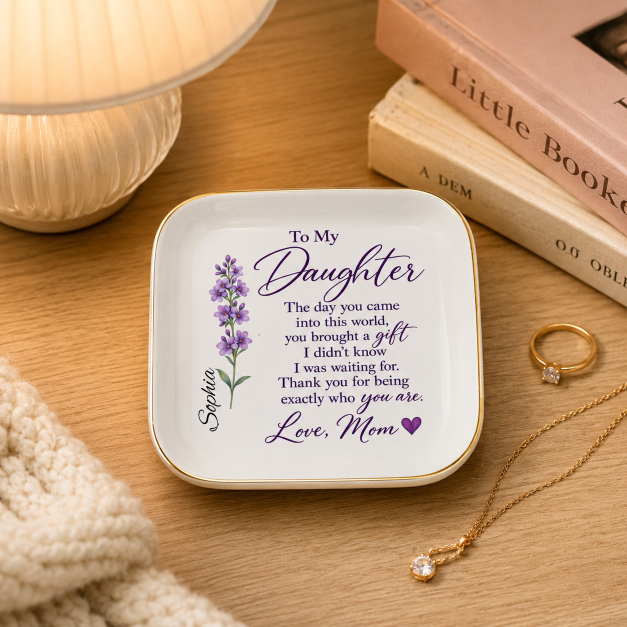 Daughter keepsake jewelry dish with personalized floral design