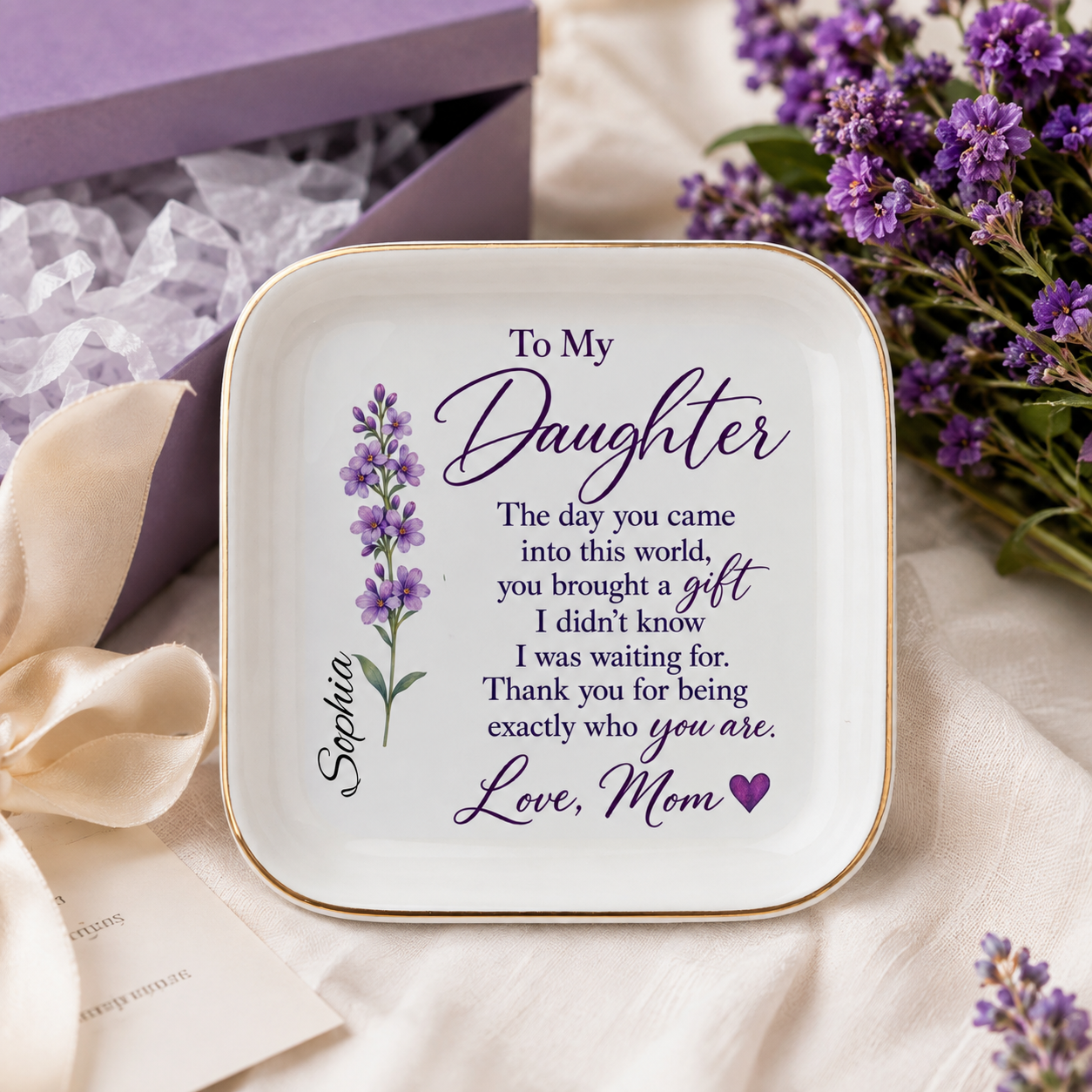 Ceramic trinket dish with daughter name and birth month flower