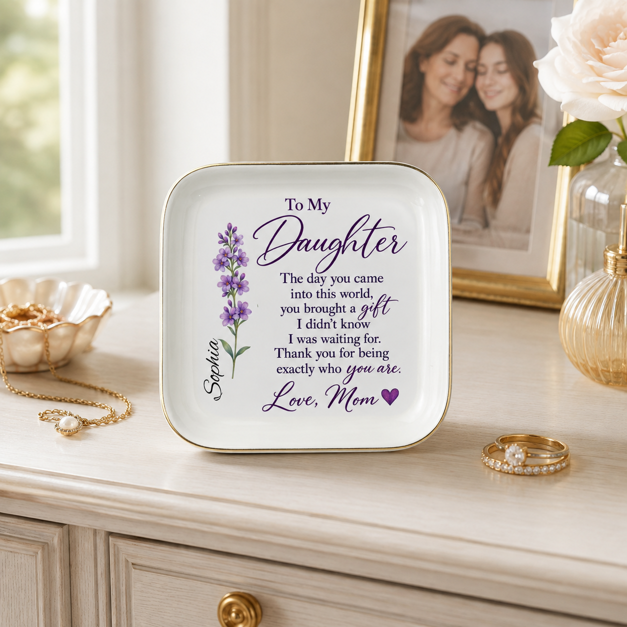 Custom birth flower jewelry dish for rings and earrings