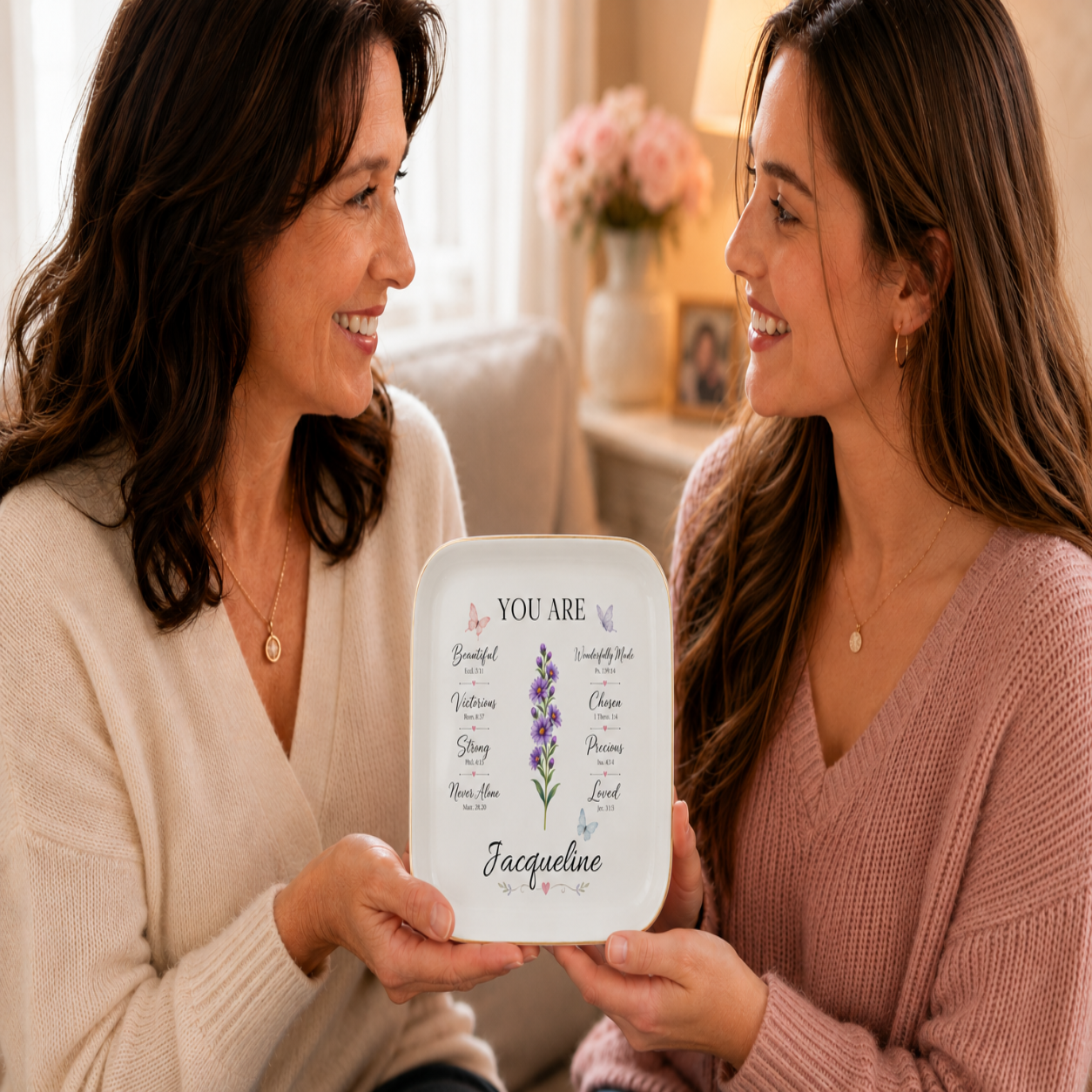 Personalized Christian jewelry dish featuring uplifting Bible verse reminders, a birth flower, and custom name