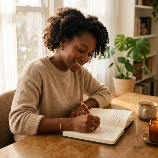 Woman smiling while writing in her journal at a warm wooden desk