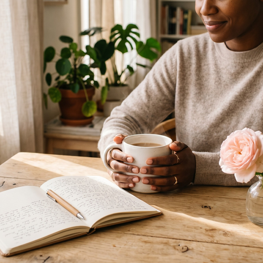 Woman holding a white ceramic mug at a warm wooden desk with an open journal and pink rose