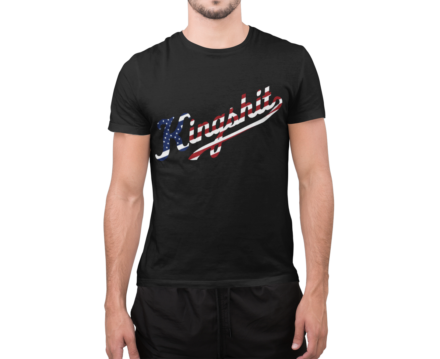 Man wearing black Kingshit 250 patriotic tee, studio shot
