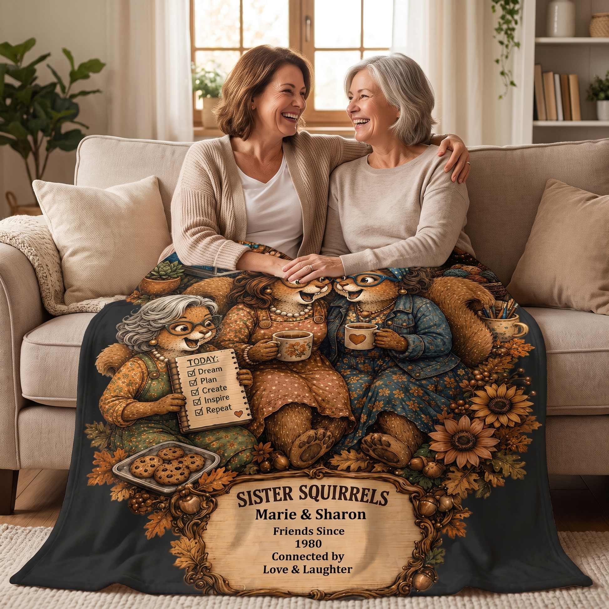 Two friends sharing a personalized Sister Squirrels fleece blanket on a sofa