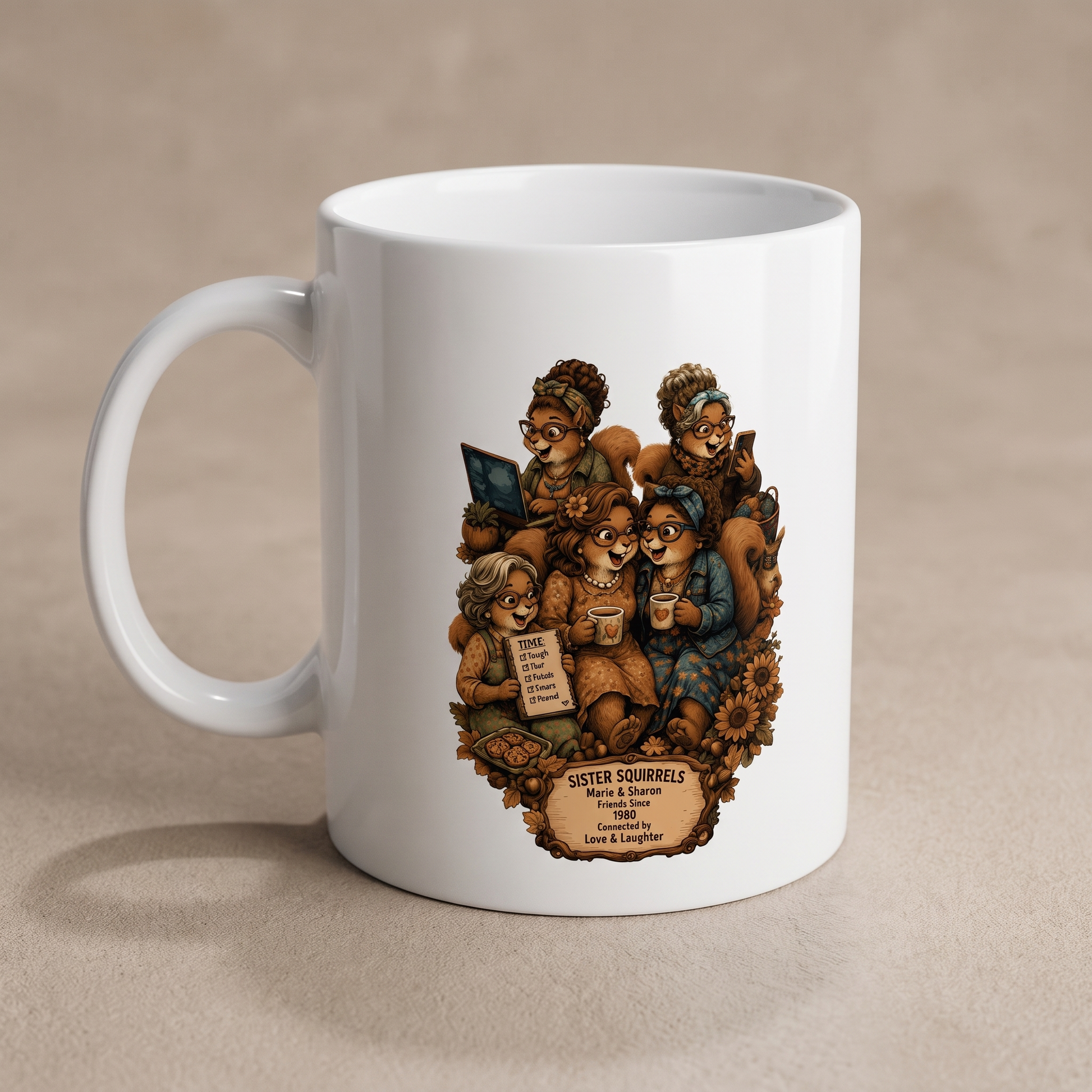 Personalized Sister Squirrels ceramic mug front view with handle on the left