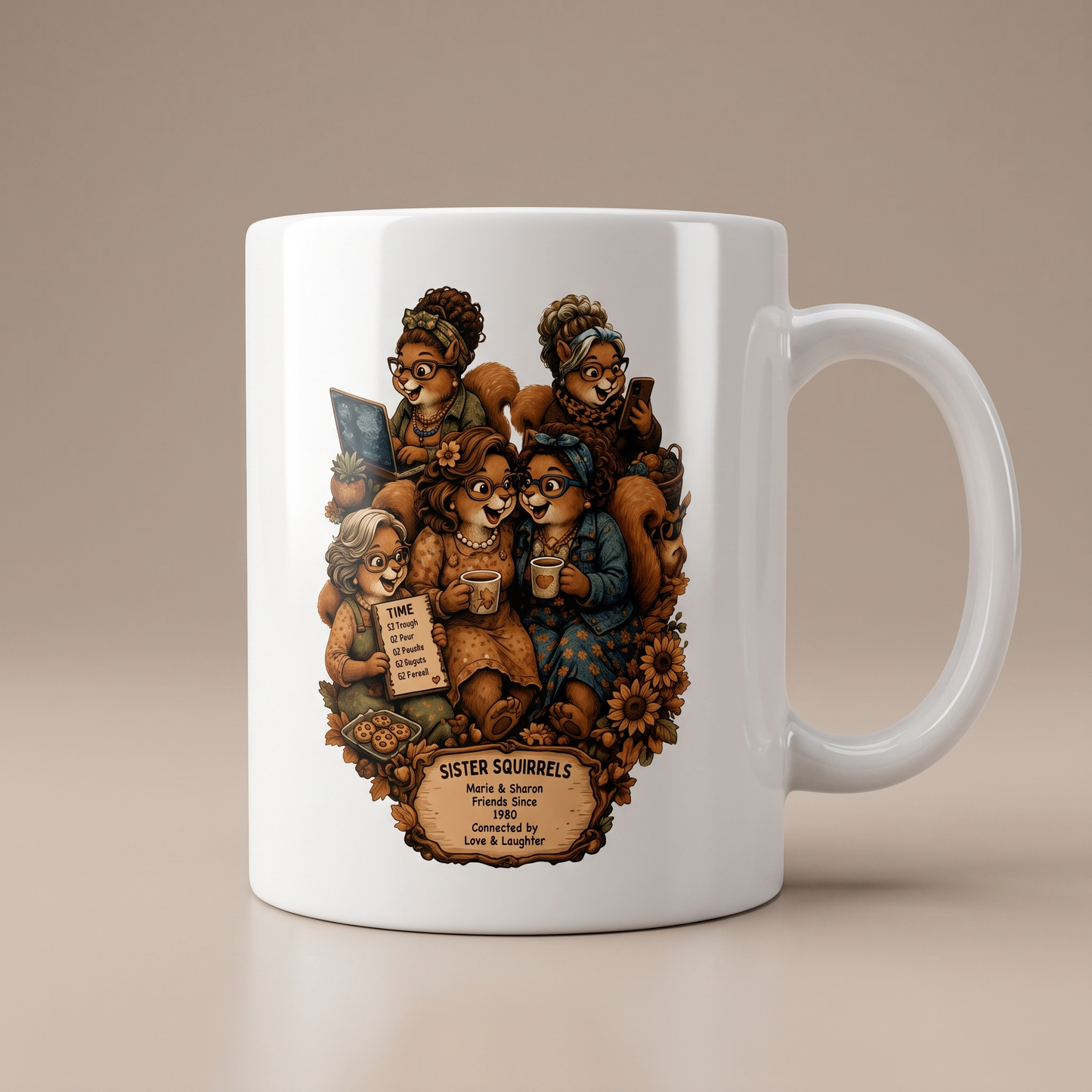 Personalized Sister Squirrels ceramic mug front view with handle on the right