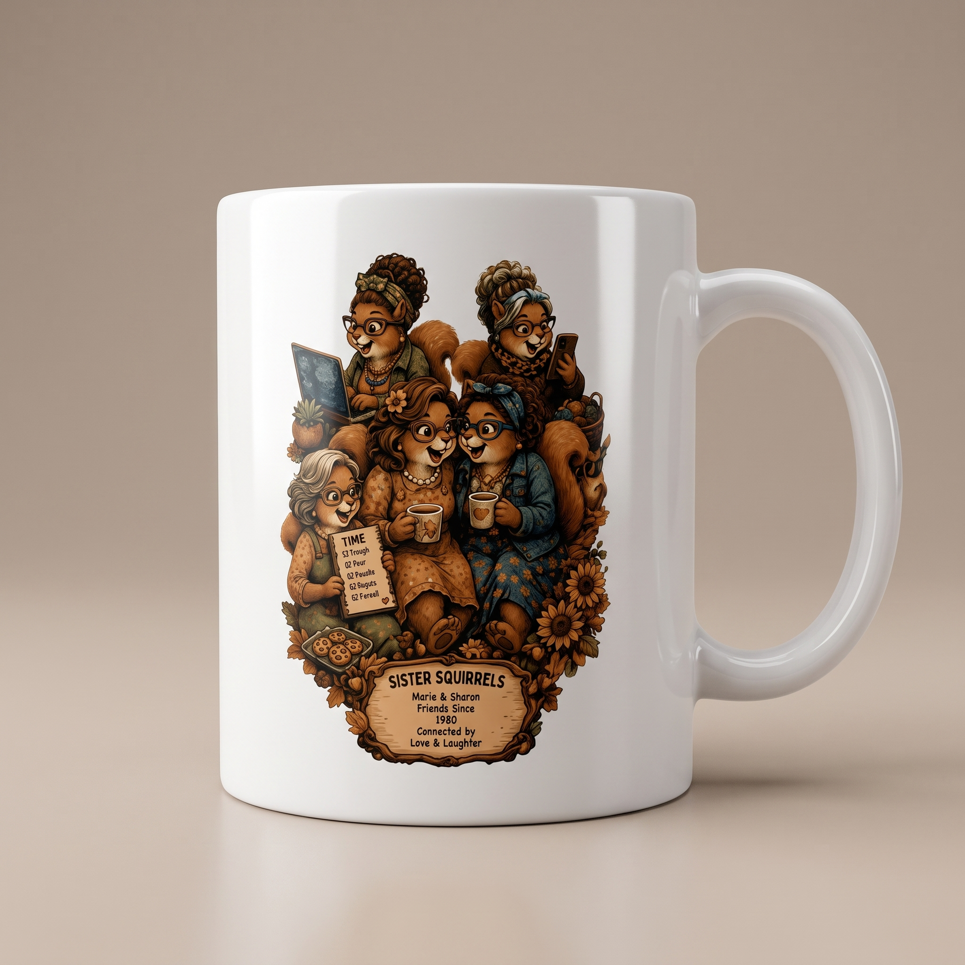 Personalized Sister Squirrels ceramic mug front view with handle on the right