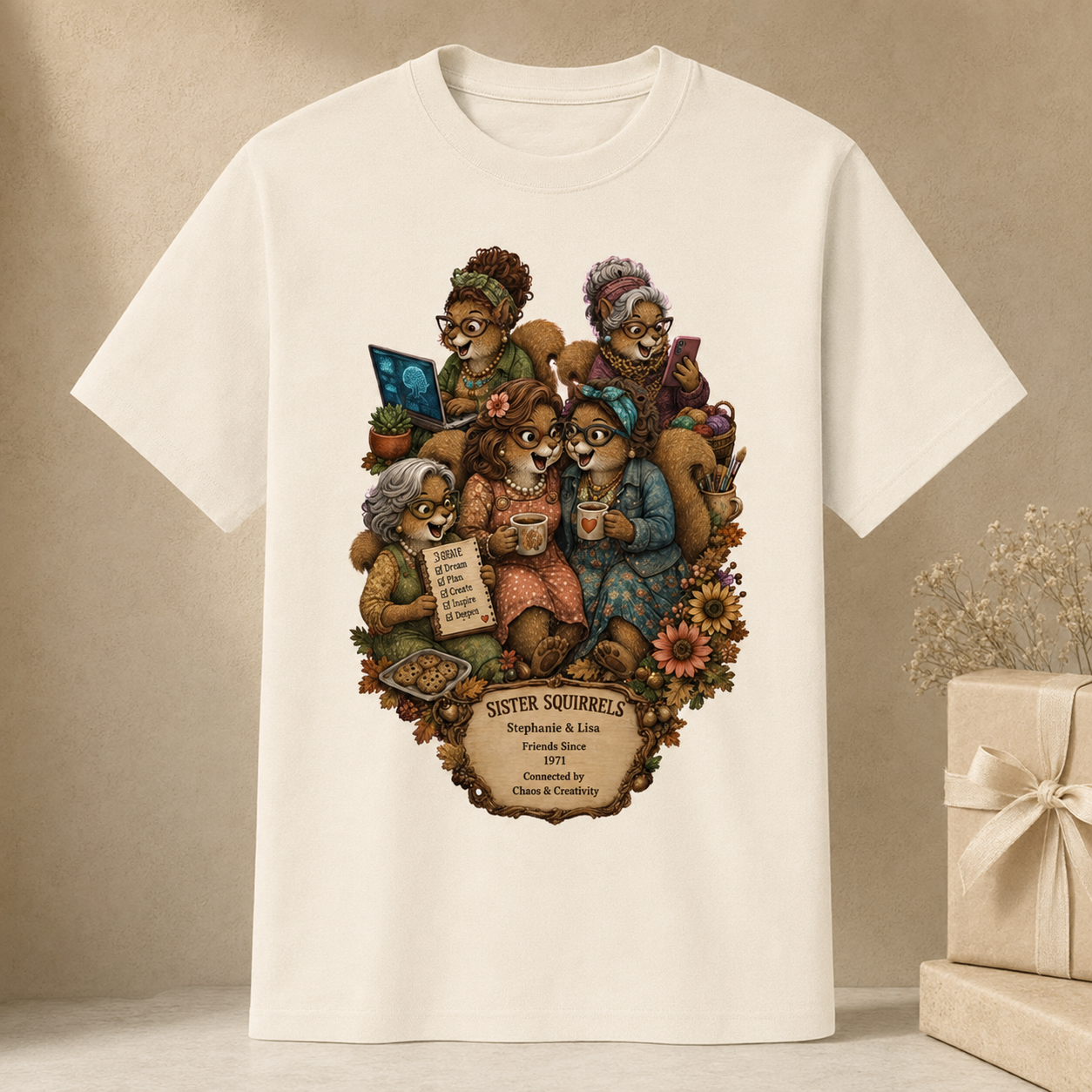 Personalized Sister Squirrels friendship T-shirt hero with names, friendship year, and connection phrase