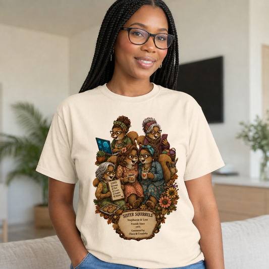 Personalized Sister Squirrels T-shirt featuring whimsical seven-squirrel friendship artwork