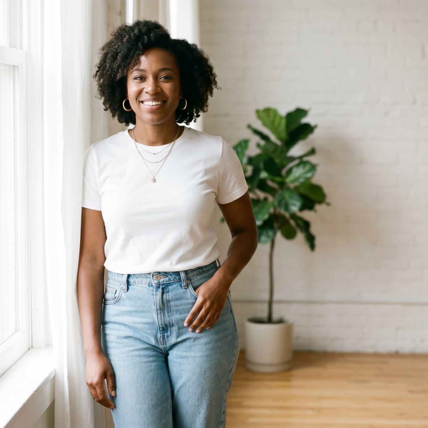 Confident Black woman in white tee and jeans standing by a window in natural light