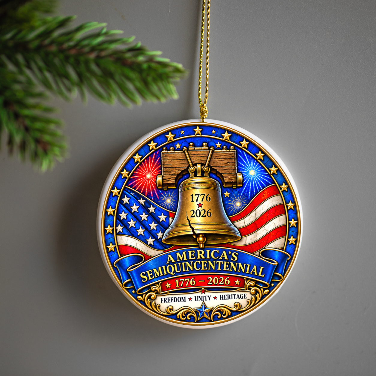 3 Inch White Ceramic Ornament - America's Semiquincentennial