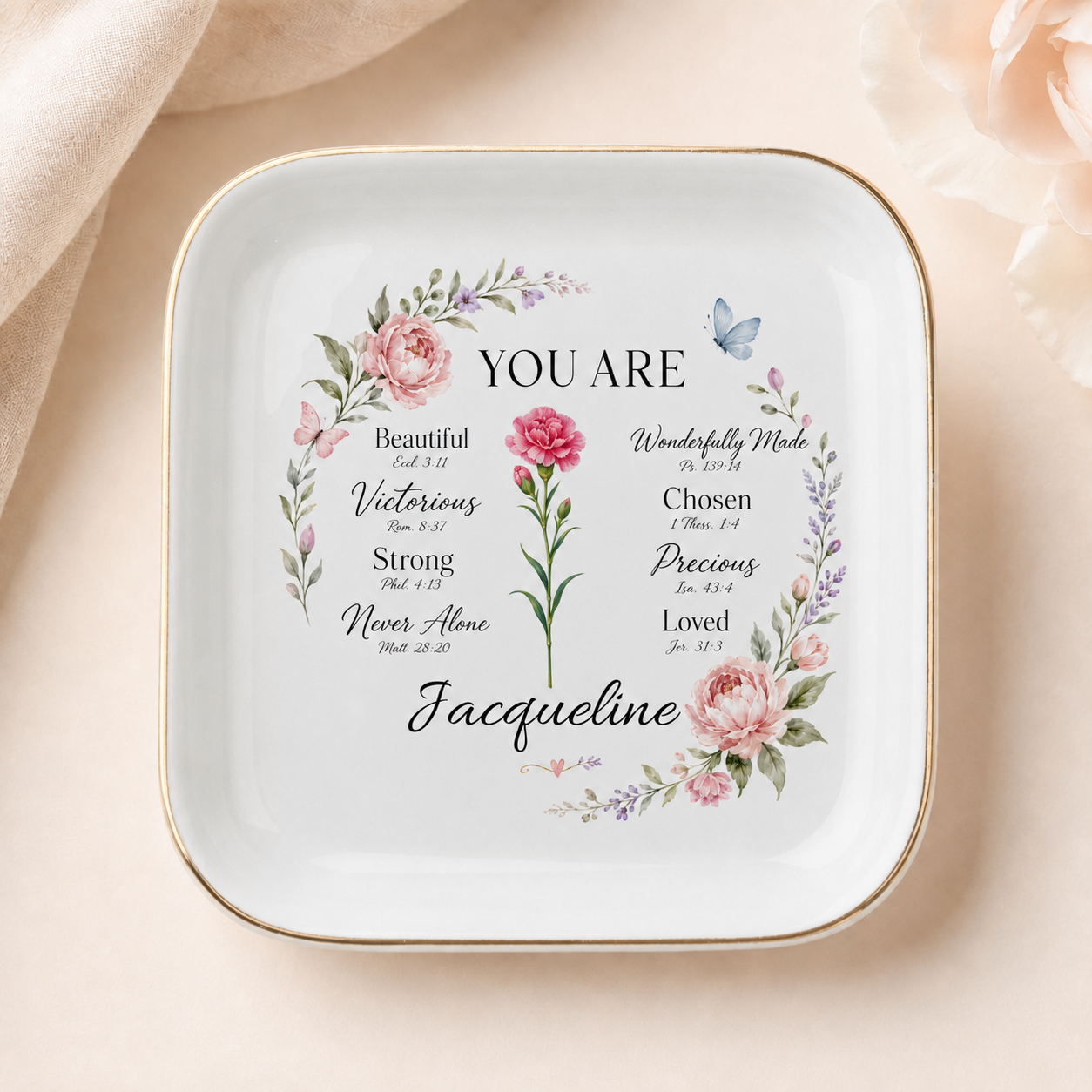Personalized Bible verse jewelry dish with You Are Chosen message, birth flower, and custom name