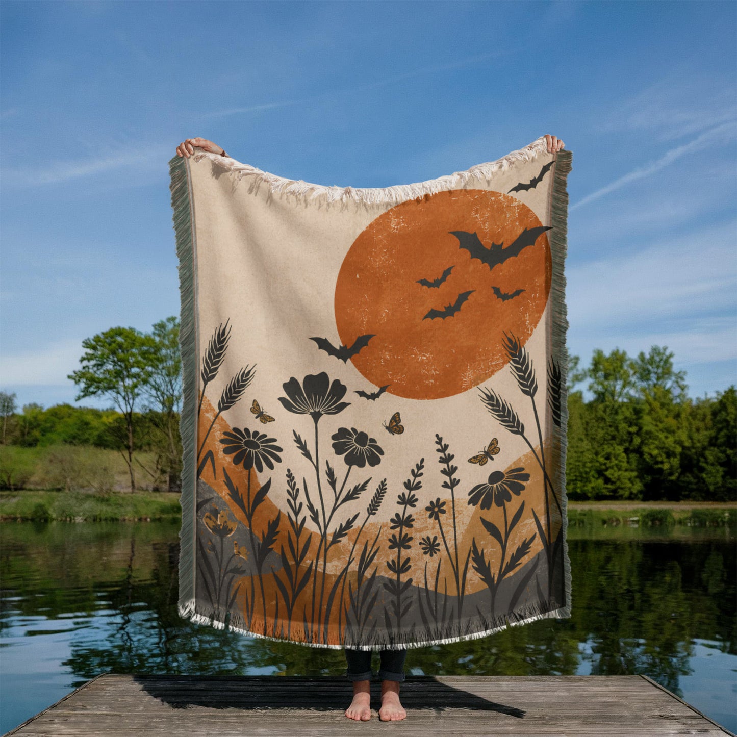 Halloween Woven Throw Blanket – Vintage Moon, Bats & Wildflowers