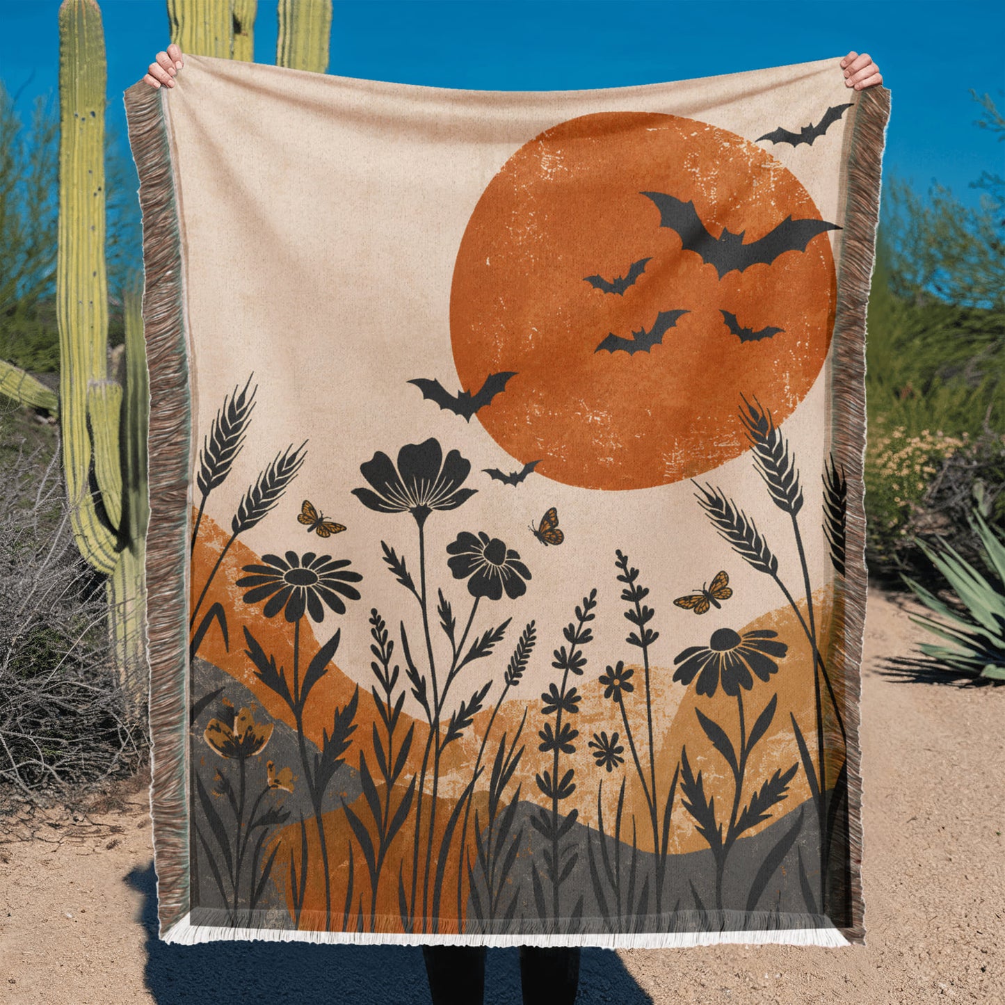 Halloween Woven Throw Blanket – Vintage Moon, Bats & Wildflowers