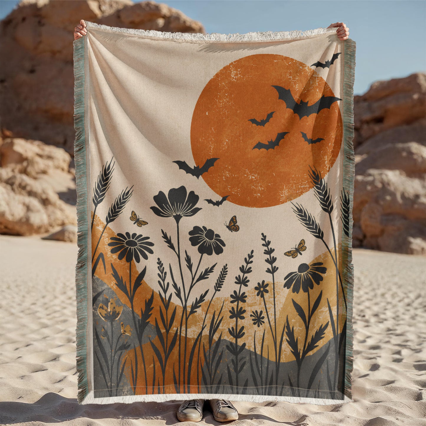 Halloween Woven Throw Blanket – Vintage Moon, Bats & Wildflowers