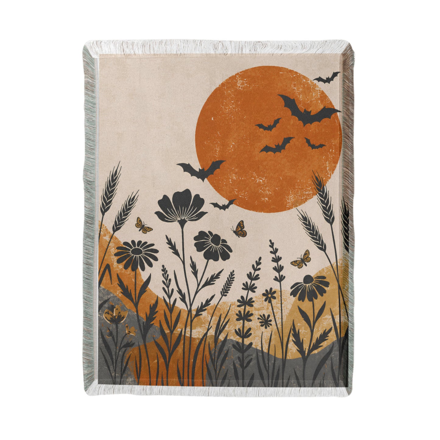 Halloween Woven Throw Blanket – Vintage Moon, Bats & Wildflowers