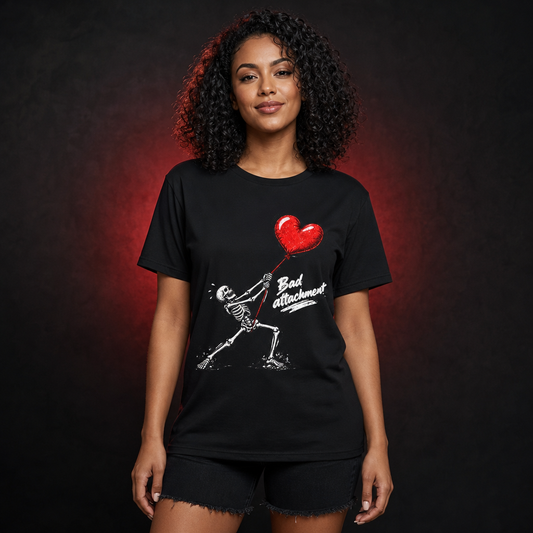 Woman wearing Bad Attachment funny skeleton Halloween T-shirt in a red-lit studio