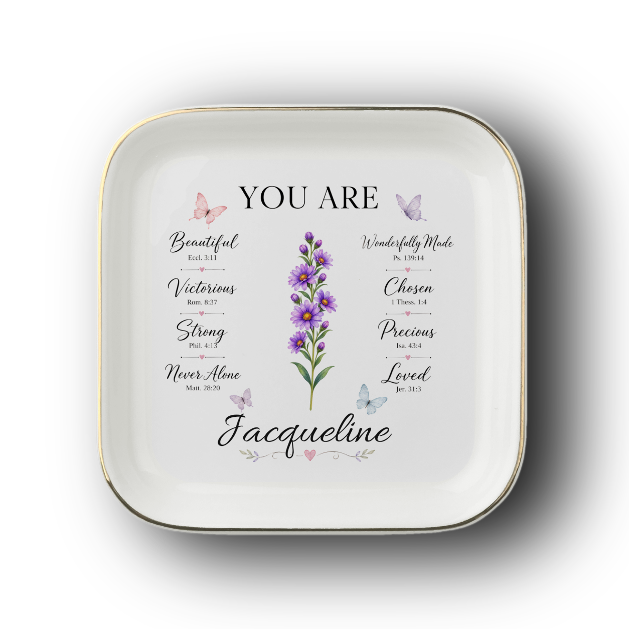 Faith gift for her featuring a personalized Bible verse jewelry dish with birth flower