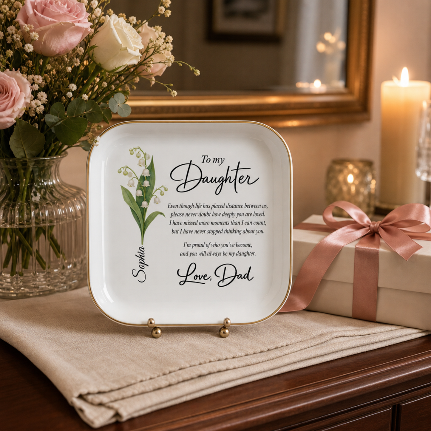 Jewelry dish presented as a birthday gift on an elegant console table