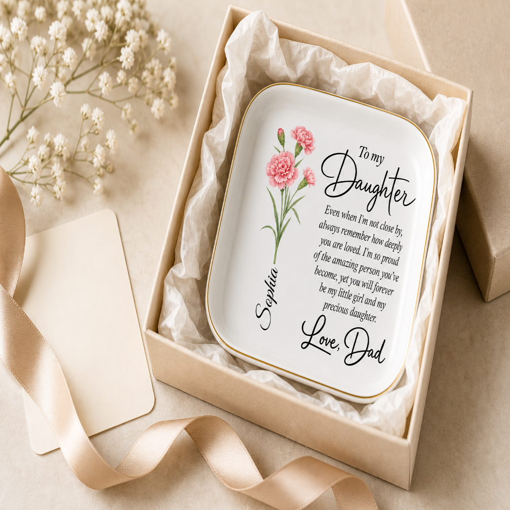 Dad-specific personalized jewelry dish presented in an open neutral gift box with tissue and ribbon
