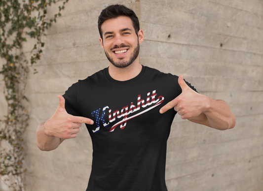 Man wearing black Kingshit 250 patriotic tee
