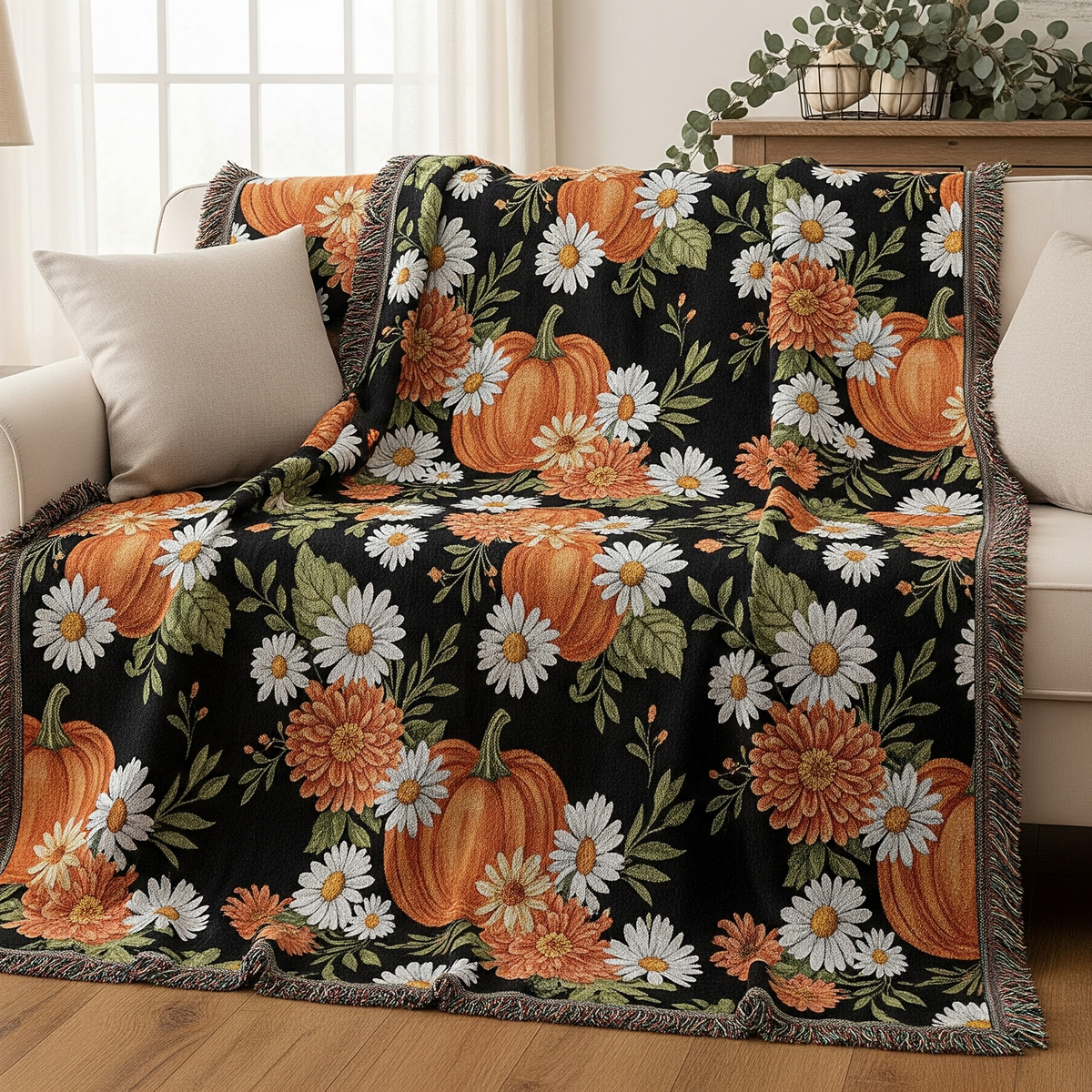 Pumpkin and daisy woven fall throw blanket with fringe