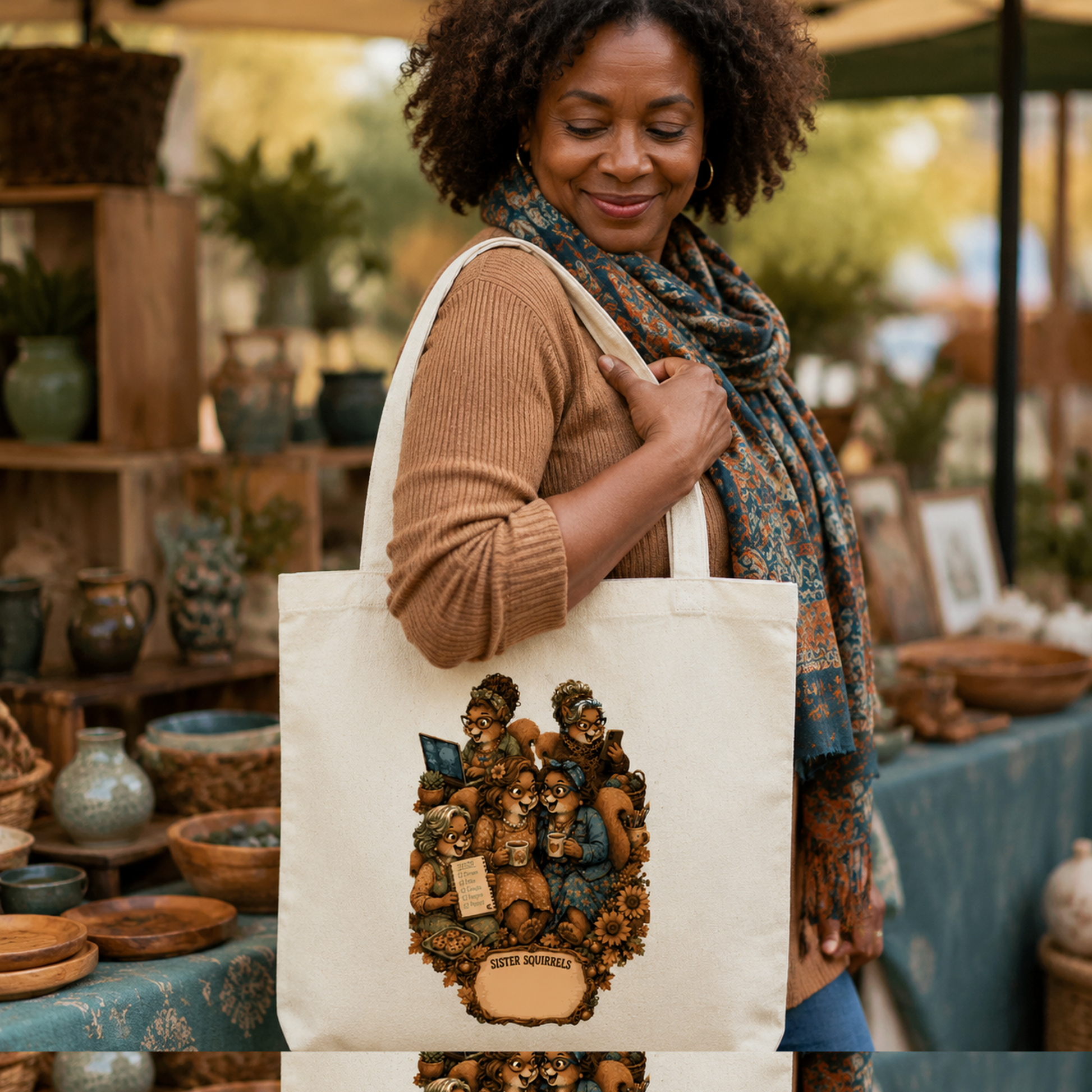 Personalized Sister Squirrels natural canvas tote bag at an artisan market
