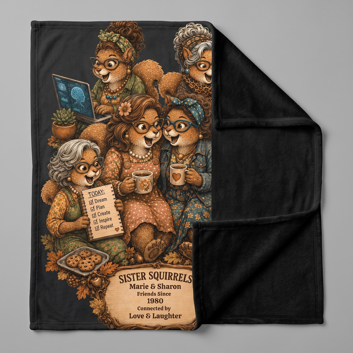 Black reverse side of the Sister Squirrels 60 × 80 fleece blanket