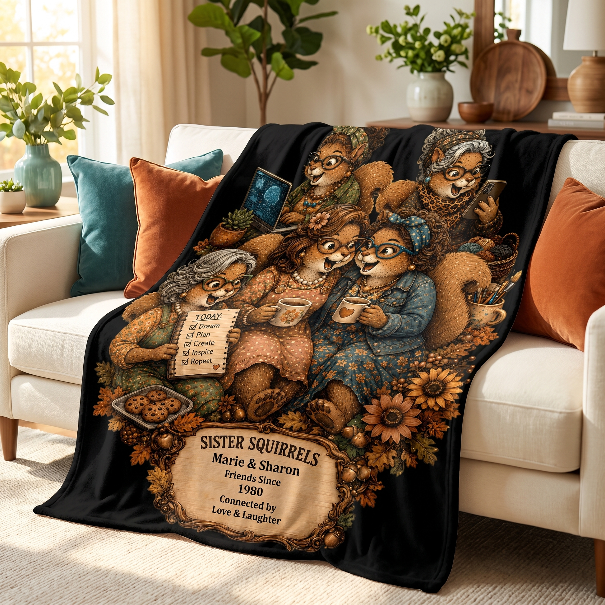 Personalized Sister Squirrels 60 × 80 fleece blanket draped across a living room sofa