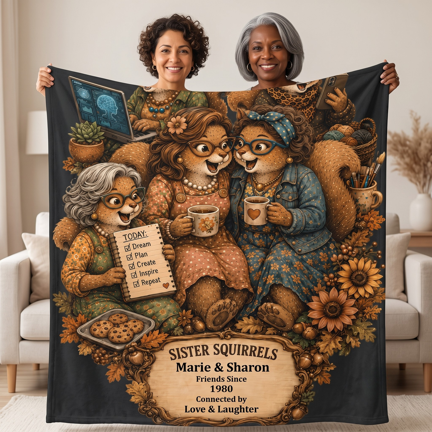 Two friends holding open a personalized Sister Squirrels 60 × 80 fleece blanket