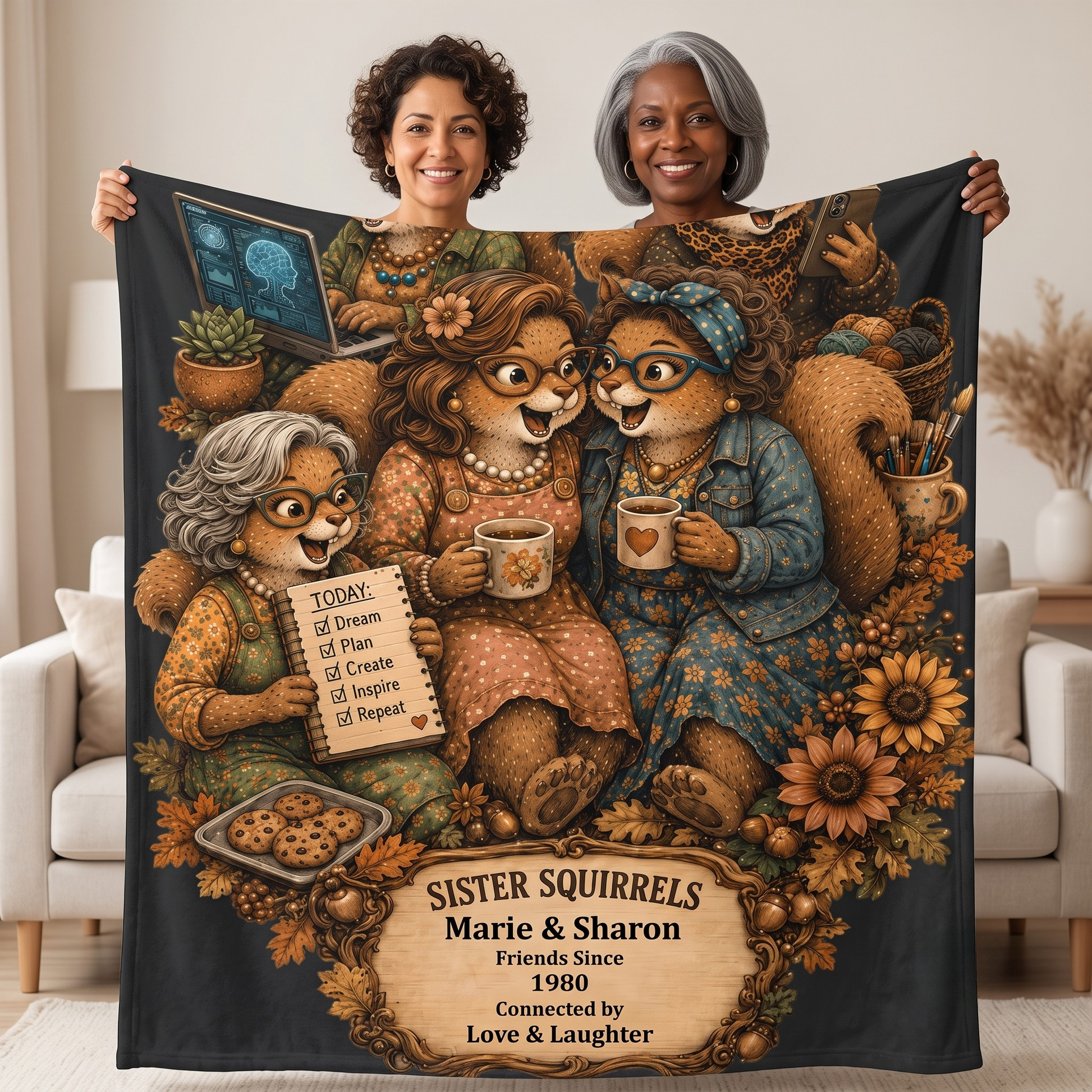 Two friends holding open a personalized Sister Squirrels 60 × 80 fleece blanket