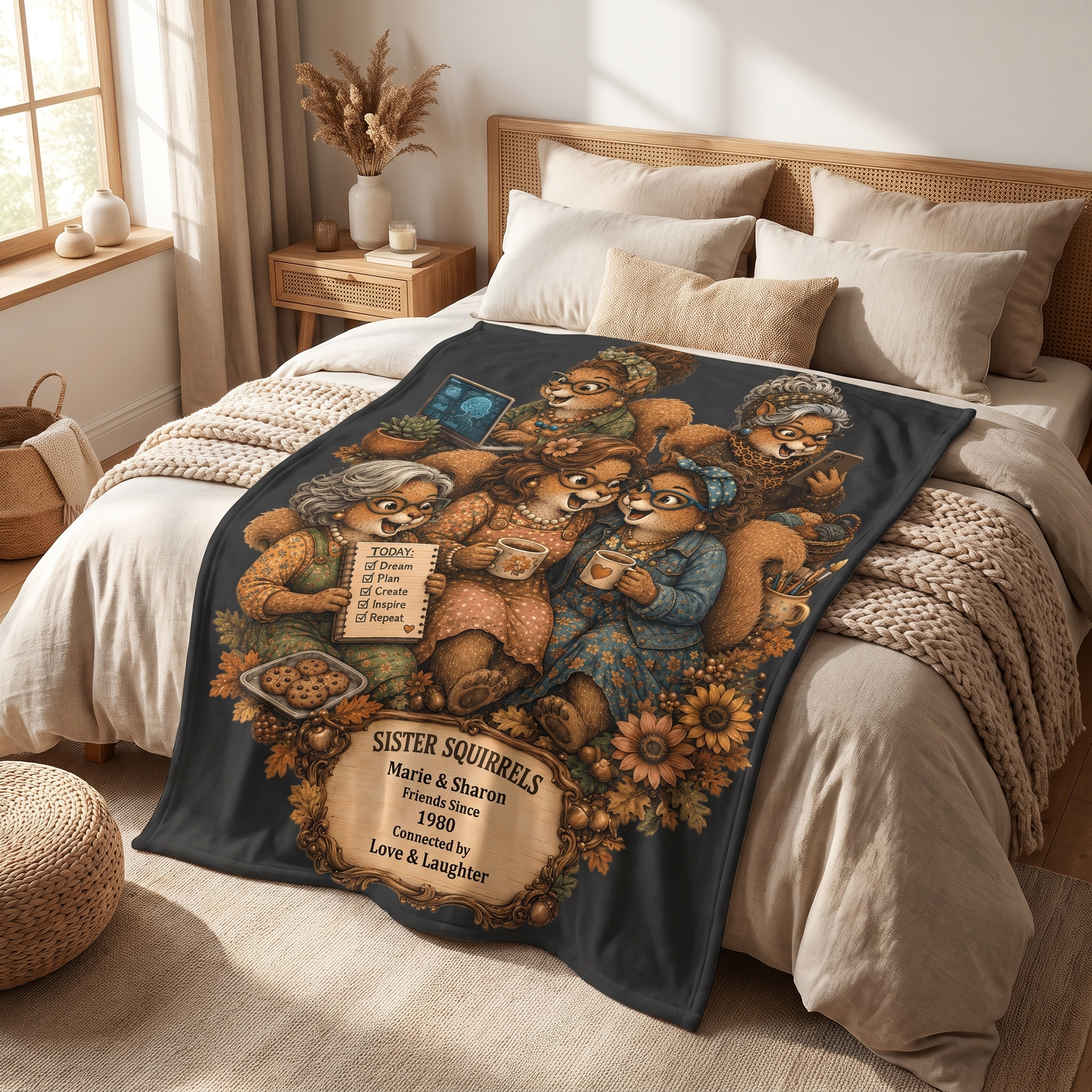 Personalized Sister Squirrels 60 × 80 fleece blanket spread across a bed